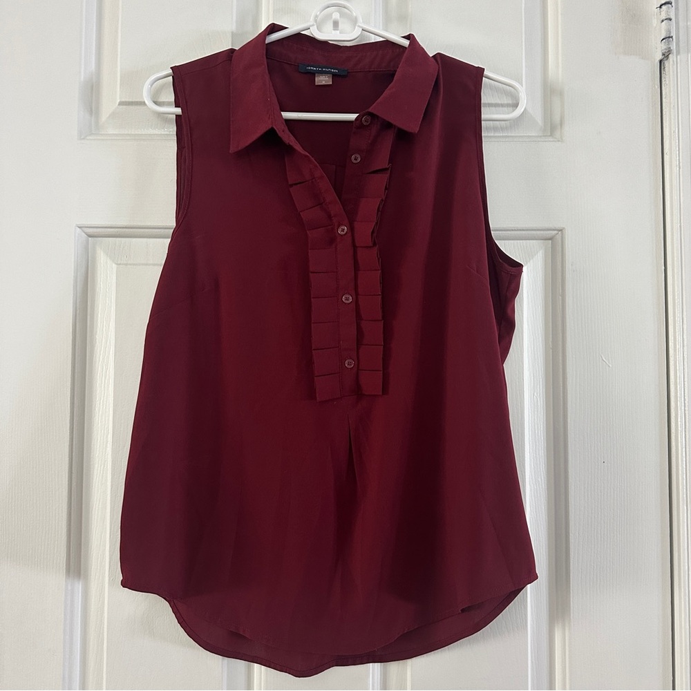 Tommy Hilfiger Maroon Ruffle Button Blouse